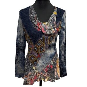 Radzoli S Mixed Print Cowl Neck Top Paisley Geometric Abstract Stretch
